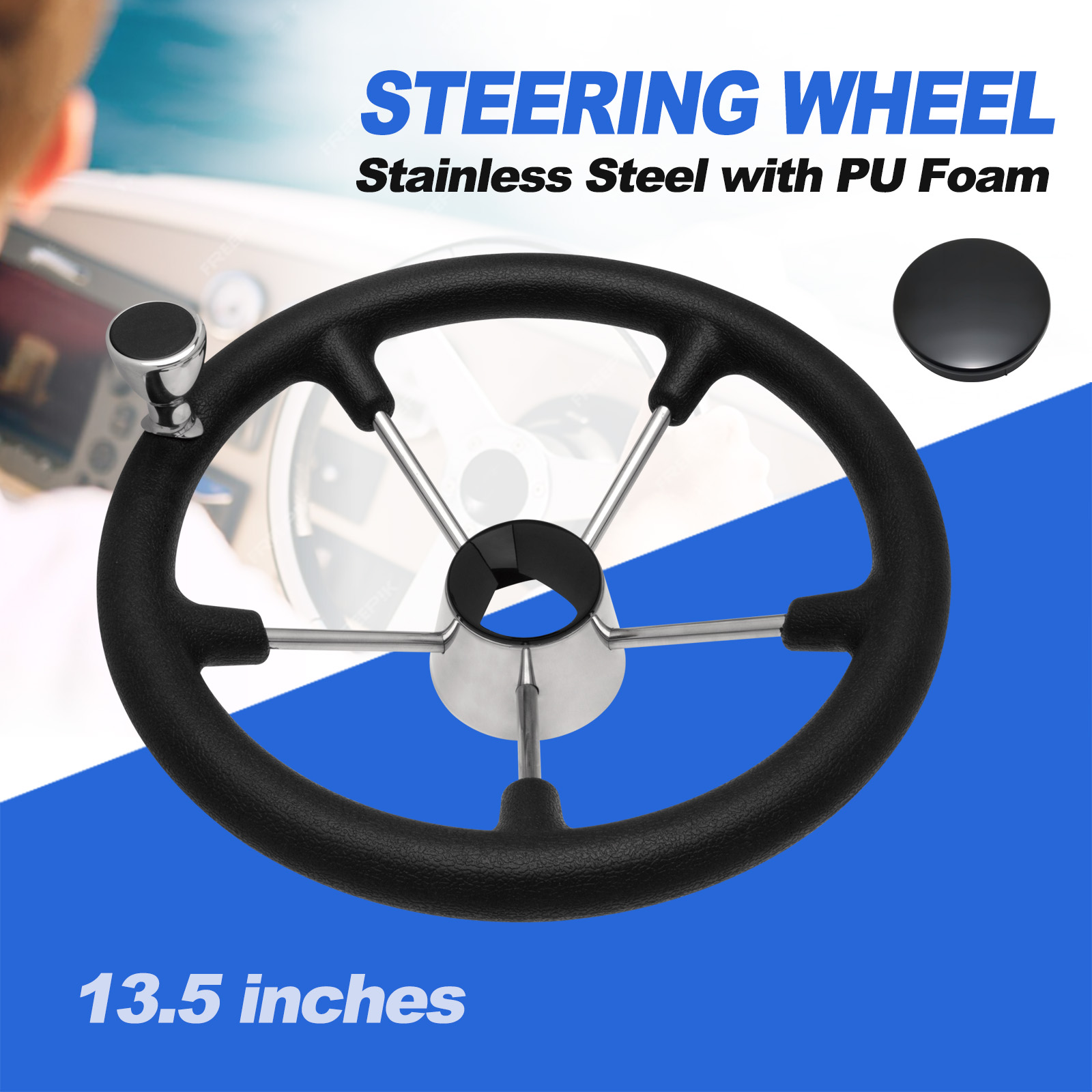 Fishing Boat Steering Wheel - 13.5インチ 5スポーク ステンレススチール製ボートステアリングホイール（ノブ付き） – マリンヨット・ポンツーン用耐久性のあるコントロールホイール